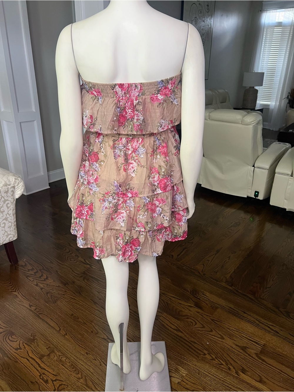 Body Central Strapless Ruffled Floral Mini Dress in Taupe and Pink - Picture 3 of 7